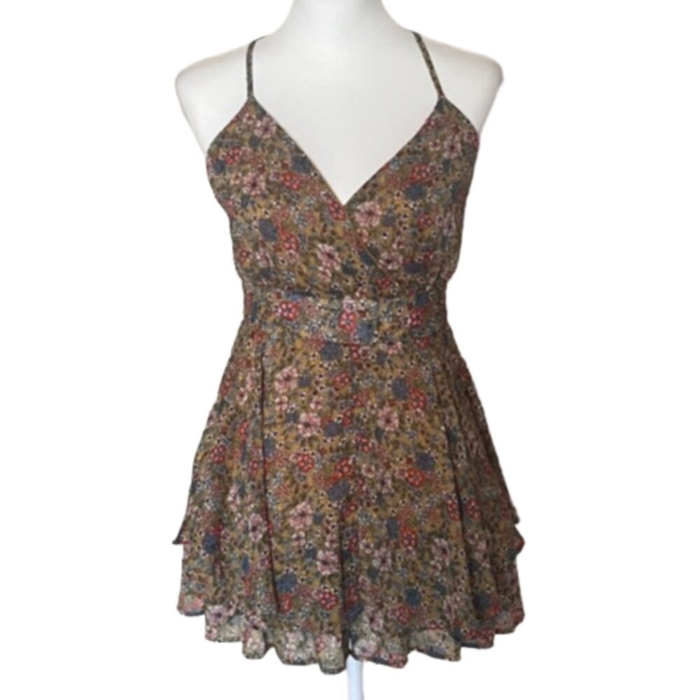 Allison & Kelley Gold Floral Flowy Spaghetti Strap Romper Medium